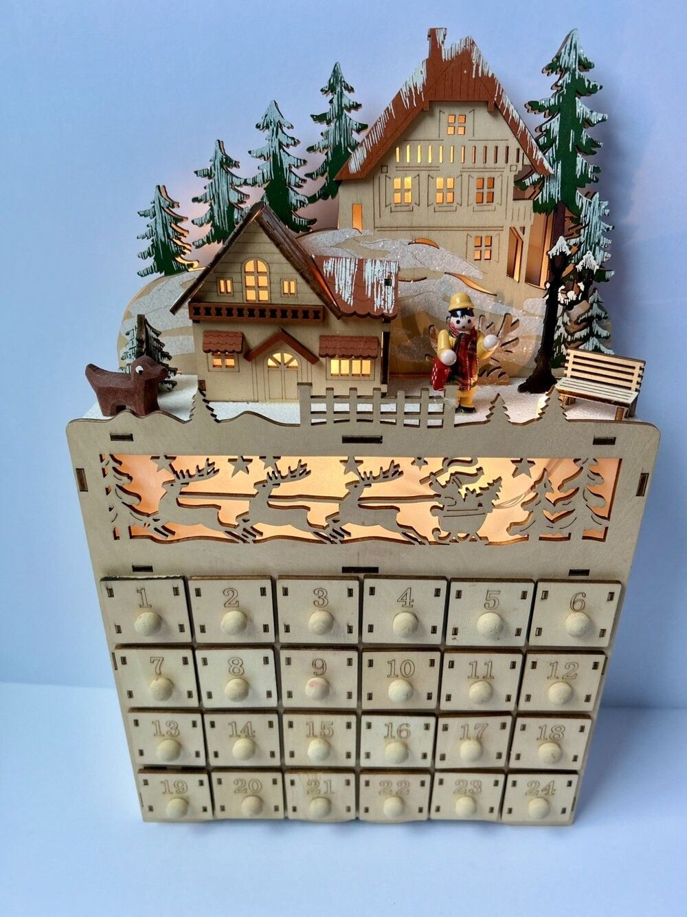Lighted Wooden Advent Calendar 3D Village Scene LED 24 Drawers 14.5” Tall